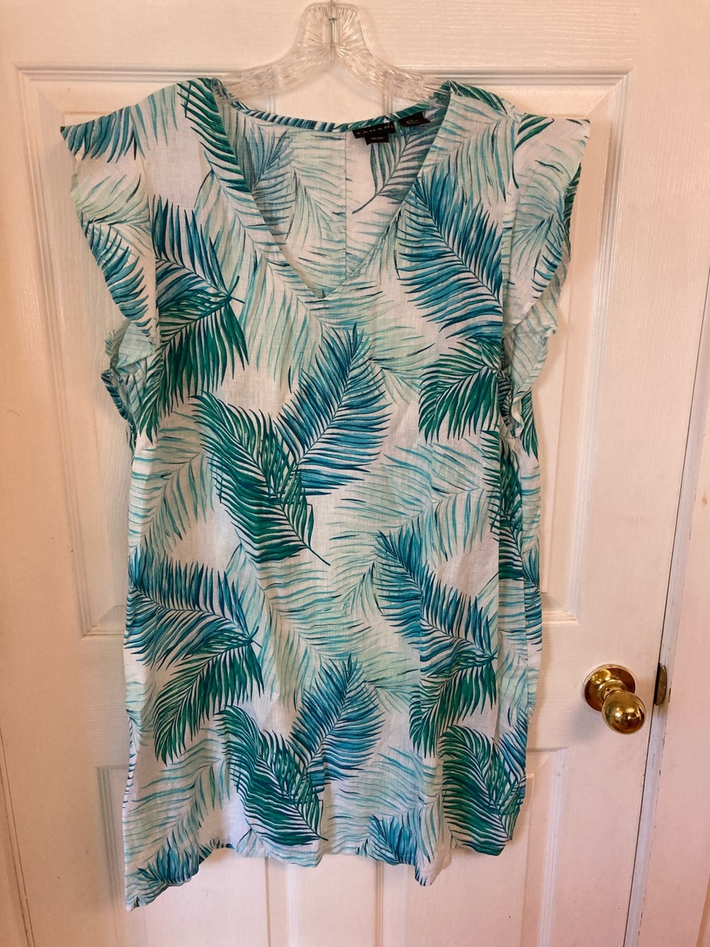 Tahari White Linen Dress with Teal and Green Palm Print
